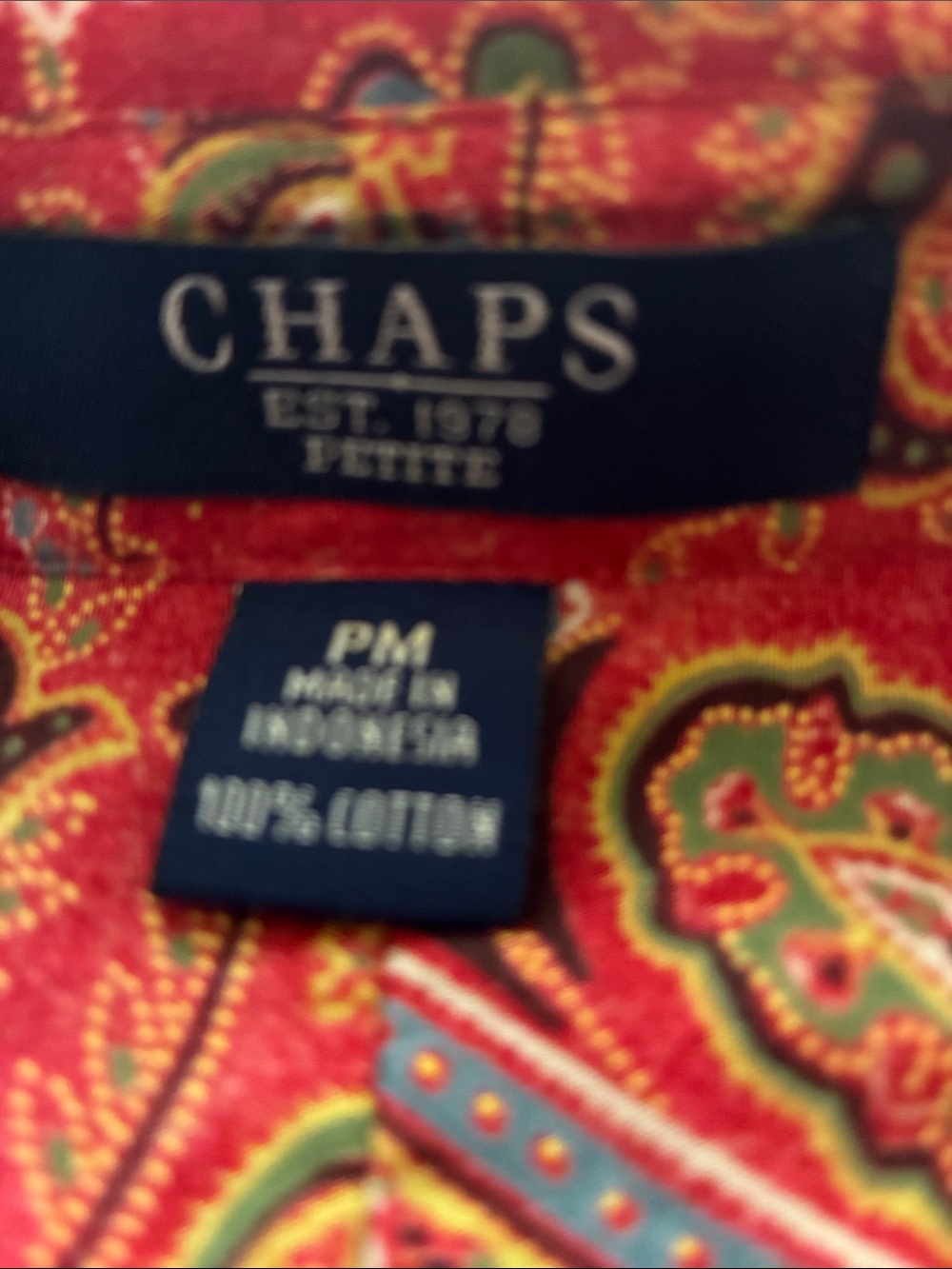 Chaps Petite Red Paisley Cotton Shirt with Green Accents